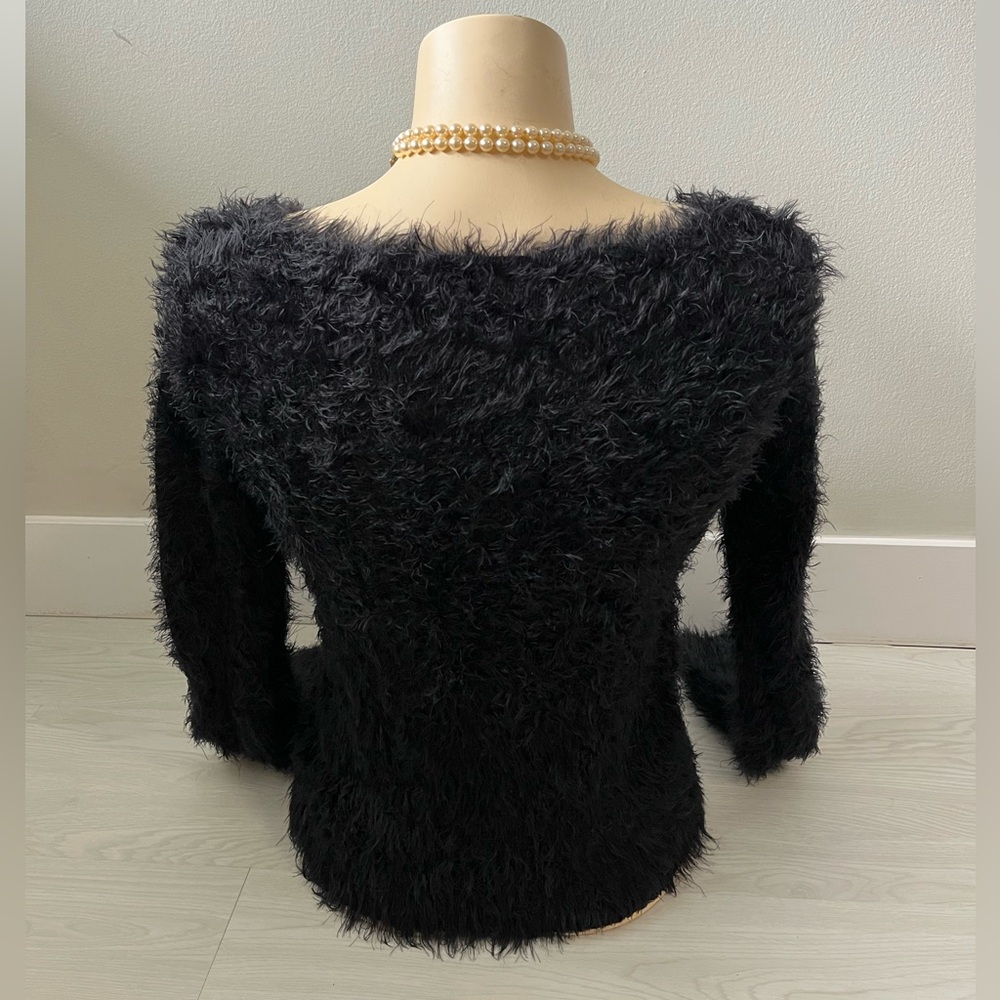 CHANEL Black Fuzzy Off the shoulder Sweater with Gold Emblem - Picture 5 of 8